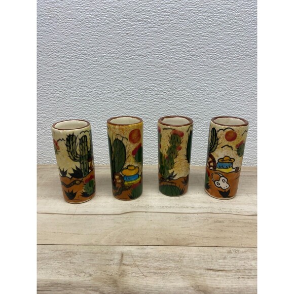 Mexican Folk Art Terracotta Pottery Tumblers Hand Painted Set Of 4 - Picture 2 of 7